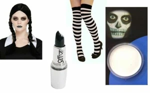 Women Black Plait Plaited Wig Addams Family Makeup Lipstick Halloween Fancy Dres - Picture 1 of 6