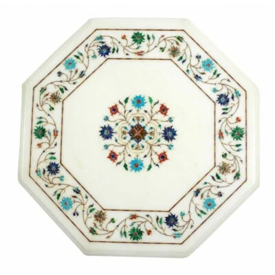 12" White Marble Side End Table Semi Precious Stones Handmade Inlay Decor - Image 1 of 2
