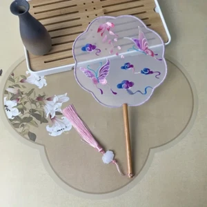 New 1pc Retro Hand Vintage Fabric Fan Embroidered Chinese Style Round Art Decor - Picture 1 of 1