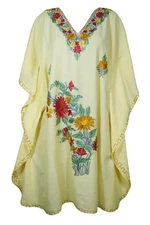 Boho Women's Beige Mid Length Kaftan Floral Embroidered V-Neck Caftan Dress 3XL