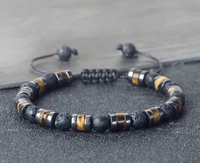 ✅ Armband Tigerauge & Lavastein Edelstein Natur Stein Herren Boho Surfer Unisex✅ - Bild 1 von 3