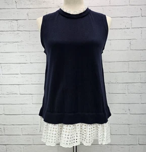 Ann Taylor LOFT Mixed Media Pullover Ösensaum Rüschenausschnitt Gr. M Forever Navy - Bild 1 von 11