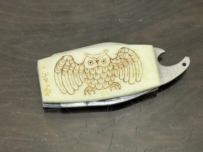 Rare Pavlovo USSR Mini Folding Knife ca.1970 Owl Engraved + Opener Soviet Union - Image 1 of 4