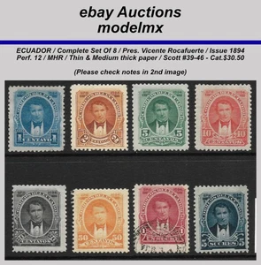 Ecuador - 1894, Complete Set Of 8, Scott#39-46, Pres. Vicente Rocafuerte, MHR - Picture 1 of 2