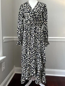 BTFBM Maxi Dress Medium Black Yellow Floral Tiered Ruffle Vneck Cottage Peasant - Picture 1 of 13