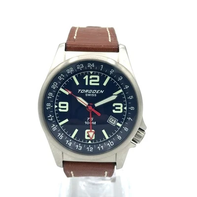 Reloj suizo Torgoen T5 esfera azul con correa de cuero marrón Foto 1 de 4