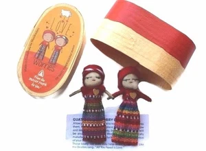 (2) LOVE Large Worry Doll Dolls In a red Wooden Box By Mayan Artisans Fair Trade - Picture 1 of 3