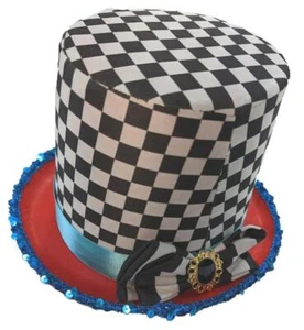 Adults Mad Hatter Checkered Top Hat Wonderland Fancy Dress Costume Accessory - Picture 1 of 3