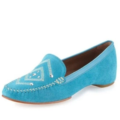 Mocasines Donald J Pliner para mujer Baja de gamuza con tachuelas sin usar, en caja verde azulado talla 6 M Foto 1 de 4