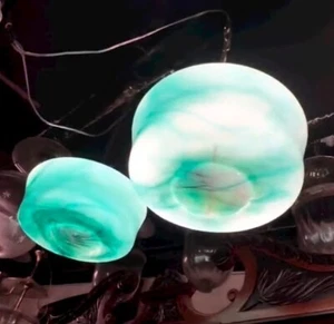 Pair Vintage Art Deco Hanging Brass & Marble Glass Ceiling Fixture Light Lamp - Picture 1 of 6