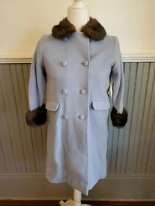 Baby Blue Womens Lambs Wool Pea Coat with Fur Trim Sz 7, USA Made NWT - Picture 1 of 11
