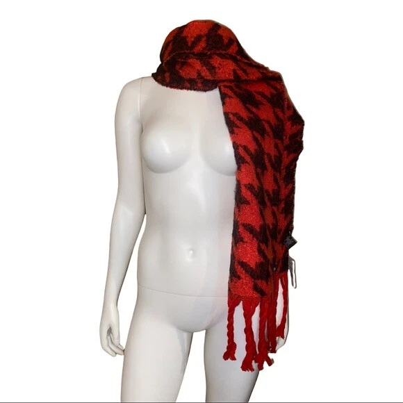 DKNY Oversized Houndstooth Scarf Black and Red One Size