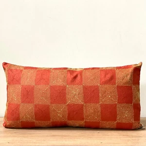VINTAGE BENGAL ORANGE KANTHA SILK  PILLOW COVER 24 X 14 - Picture 1 of 3