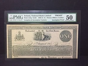 1914 Ireland, National Bank Limited " Incomplete Proof " £1 Pound P-A57p PMG 50 - Picture 1 of 3