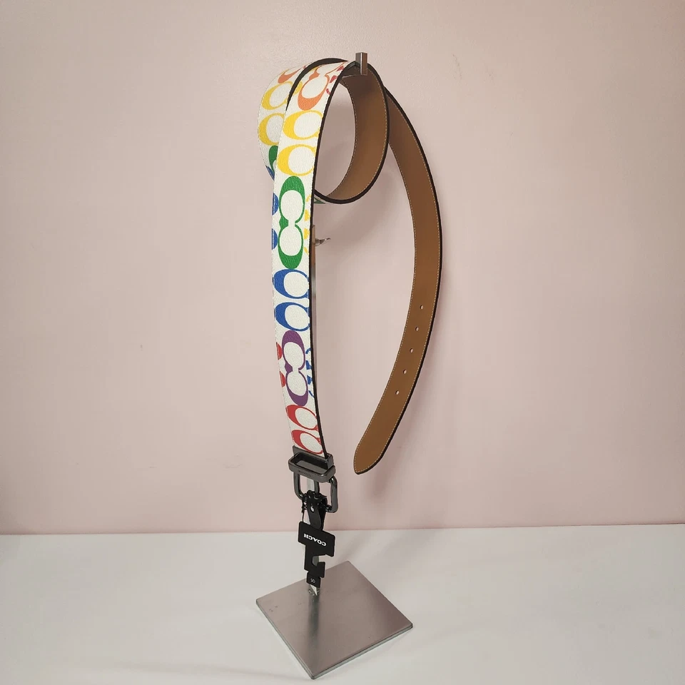 Coach Roller Buckle Cut To Size Reversible Belt Rainbow Signature Canvas 