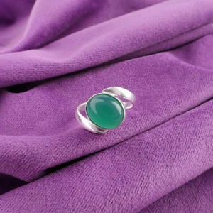 925 Sterling Silver Oval Green Onyx Cab Gemstone Statement Band Ring US All Size - Picture 1 of 6