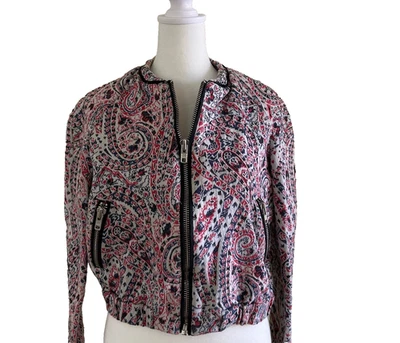 MNG Abrigo Mango Para Mujer Barroco Jacquard Bombardero Moto Chaqueta Rojo Cachemira Talla S Foto 1 de 4