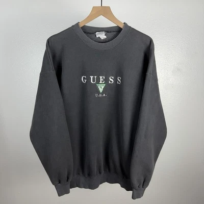 Vintage Guess Jeans Made In USA Pullover Sweatshirt Fleece XL Black GREAT FADE - Image 1 of 4