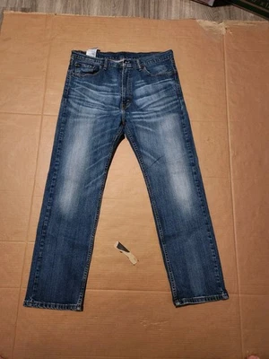 Levis 505 Jeans Mens 36x30 Dark Wash Blue Denim Straight Leg Distressed Whiskers - Image 1 of 4