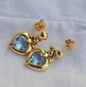 Vintage 18kt Gold Ohrringe Herzform Lab Created Blau Aquamarin - Bild 1 von 7