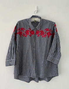 Anthropologie Seen Worn Kept Top Embroidered Gingham 3/4 Sleeve Red Navy Size 14 - Picture 1 of 9