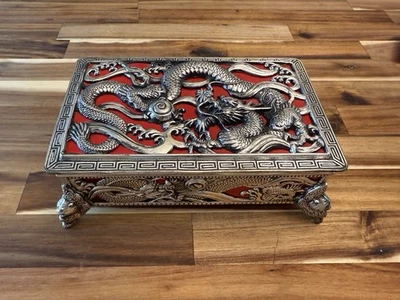 Vintage Occupied Japan Dragon Music Box Ornate Metal Red Lined Jewelry Case - Image 1 of 4