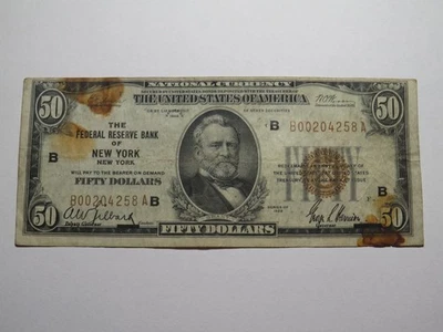 $50 1929 New York City National Currency Note Federal Reserve Bank Note Bill VF - Image 1 of 3