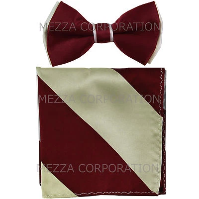 Nuevo Conjunto de Pajarita y Pañuelo Preatado Para Hombre Dos Tonos Formal Borgoña Plata Rayas Foto 1 de 3