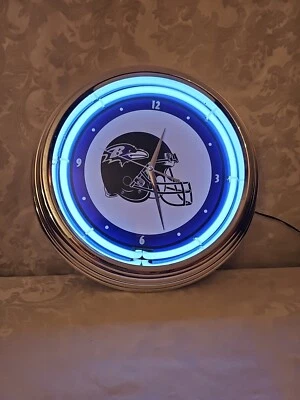 Baltimore Ravens Football Bar Man Cave Neon Wall Clock Featuring a Ravens Helmet - Image 1 of 4