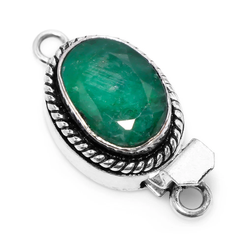 2 PCS EMERALD GEMSTONE BOX CLASP 1 STRAND ANTIQUE SILVER PLATED JEWELRY - Image 1 of 1