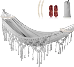 Backyard Hammock with Tassels Max 500Lbs Canvas Fabric Bohemian Style with Thick - Picture 1 of 12