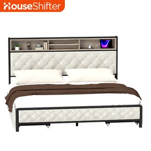 King Size Bed Frame Upholstered Tufted Headboard Hidden Storage Shelves USB Port - Picture 1 of 11