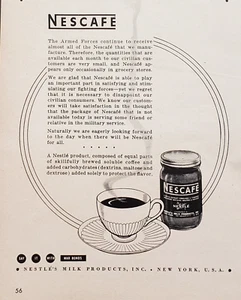 1943 Nescafe Coffee Nestle Mainly For Military Services Print Ad - Picture 1 of 1