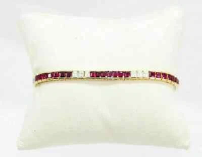 Lab Created Red Ruby Emerald Cut Diamond Tennis Bracelet 14k Yellow Gold Finish - Image 1 of 2
