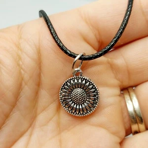 Sunflower charm necklace- faux leather 18 inch cord- US seller - Picture 1 of 2