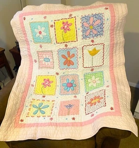 Pottery Barn Kids Baby Pink Floral Flowers Patchwork-style Quilt - 48"x38" - Picture 1 of 5