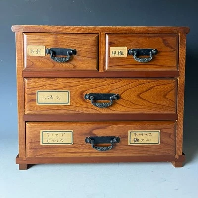 Vintage Japanese Wooden Chest Tansu Cabinet 4 Drawers - H.9inches / 23cm - Image 1 of 4