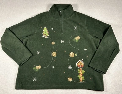 VTG Embroidered Quarter Zip Fleece Christmas Sweater Cardinal Bird Green LARGE - Image 1 of 4