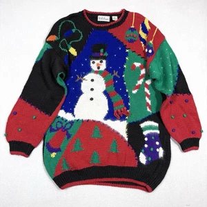 Suéter Vintage Navidad Mujer Túnica Mediana Muñeco de Nieve Retazos Pom Pom Retro Años 90 - Imagen 1 de 11
