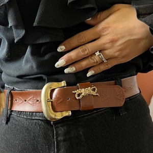 vintage leather belt wide band brown gold bow buckle Medium made in italy - Picture 1 of 9