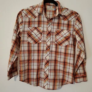 Roper Western Shirt Boys Size 12-14 Long SLV Snaps Orange Plaid Cowboy Rodeo - Picture 1 of 10