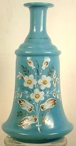 BLUE GLASS COLOGNE BOTTLE HAND PAINTED FLOWERS PONTIL MARK - Picture 1 of 4
