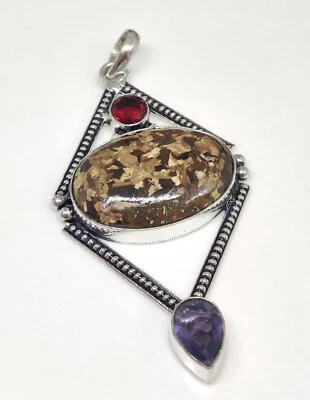 Дизайнерский кулон ручной работы из натурального яркого бронзита с кабиной, аметистовой огранкой 3 дюйма - Изображение 1 из 4