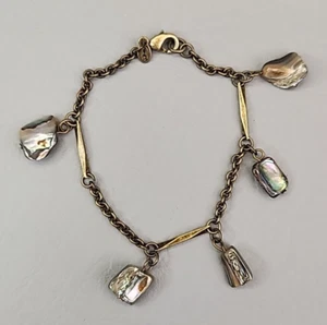 Monet Abalone Charm Bracelet Antiqued Gold Tone Bar Link 7 3/8" - Picture 1 of 10