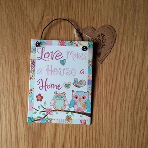 "Love makes a house a home" metal hanging sign with owls - Picture 1 of 1