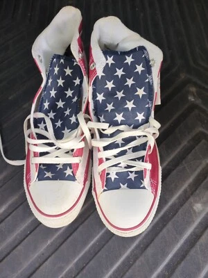  VINTAGE AMERICAN FLAG CONVERSE All Star Chuck Taylor 6 8 Hi Top Vintage Zs 11 M - Immagine 1 di 4