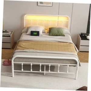 Bed Frame Size with USB Charging Station, LED Bed Frame with Full White - Picture 1 of 8