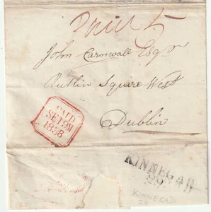 1838 IRELAND PRE-PAID WRAPPER KINNEGAD MILEAGE POSTMARK TO DUBLIN 5d POSTAGE - Picture 1 of 1