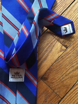 Новый без ценников галстук Peter Millar 100% шелк галстук, синий, оранжевый, черный в полоску - Изображение 1 из 4