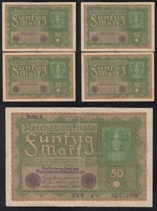 GERMANY BANKNOTE - 5 X 50 MARK REIHE 1 *REICHSBANKNOTE* - P66 - 1919- VF 🇩🇪 - Picture 1 of 9